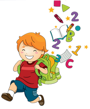 איור של ילד מחייך המחזיק תיק, מתוכו יוצאים מספרים, כלי כתיבה, אותיות באנגלית, דף וספר