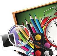 איור של כלי כתיבה צבעוניים, זכוכית מגדלת, שעון, צבעי מים ועוד